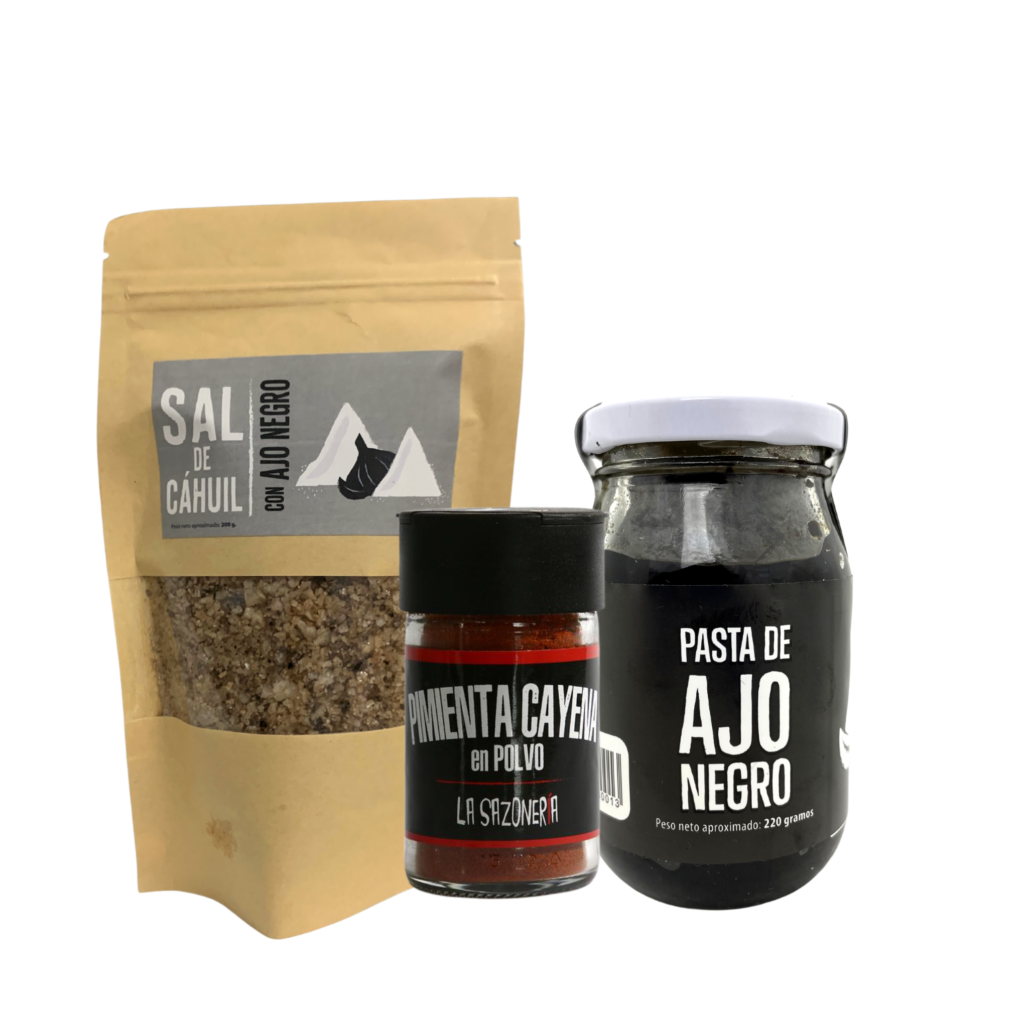 Pack Gourmet Delicioso: Ajo Negro, Pimienta Cayena y Sal de Cahuil